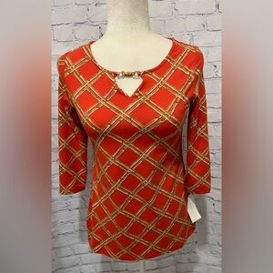 Multi Color Print 3/4 Sleeve Keyhole Shirt NEW w/ Tags Charter Club petite small